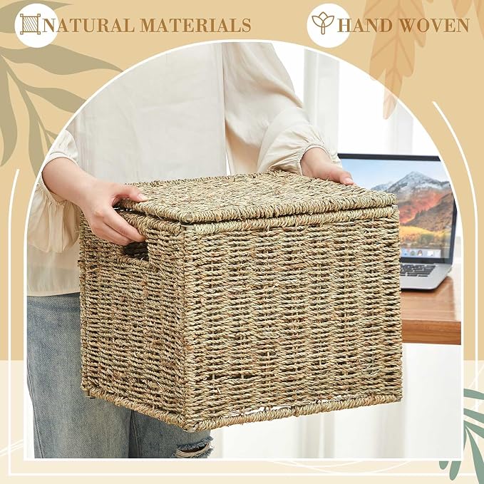 Marspark Seagrass File Box Organizers Decorative File Baskets for Hanging Folders Filing Cabinet with Lid Collapsible Letter Size Document Storage Box for Home Office Decor, Natural