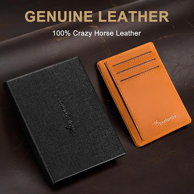 Travelambo 100% Genuine Leather Wallet for Men and Women, Slim Minimalist RFID Blocking Front Pocket Credit Card Holder with Gift Box(Brown 02)