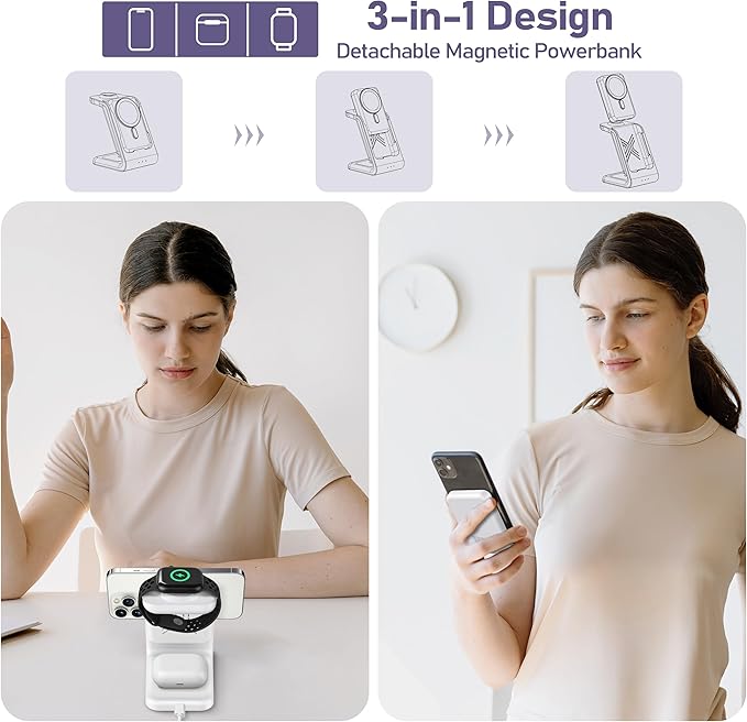 Smtcsl 3 in 1 Wireless Charging Station: 10000mAh Removable Power Bank Charger Stand for Phone/Watch/Air Pods - Portable Magnetic Battery Pack for Air 17 16 15 14 13 12 Series White