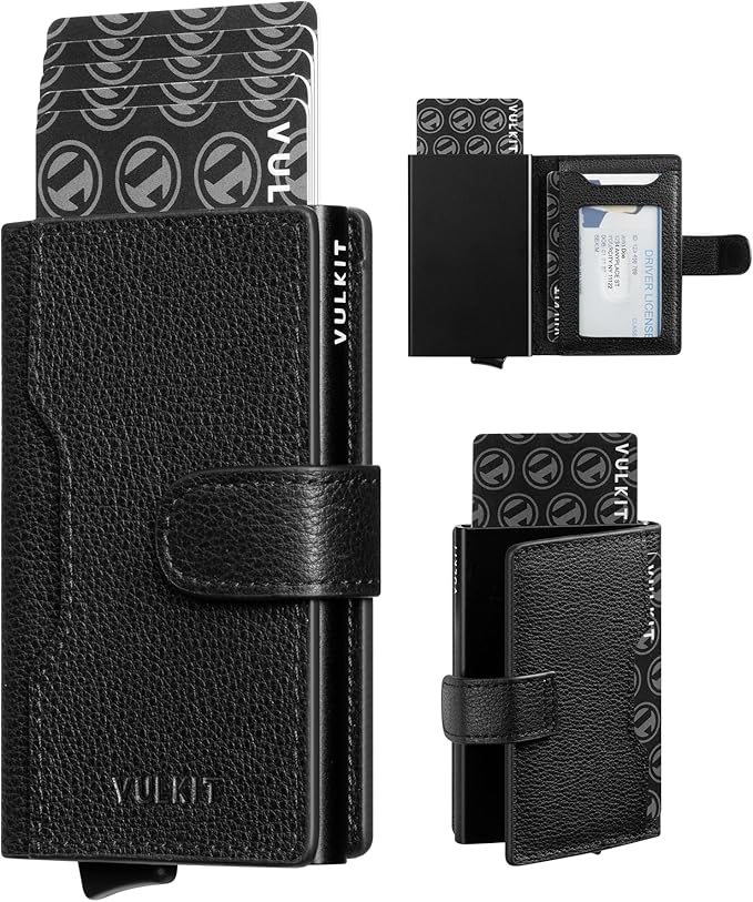 VULKIT Slim Bifold Pop up Wallet Minimalist Leather Card Holder RFID Blocking Metal Card Case with ID Window for Women | with Leather Slots, RFID Blocking, Slim, Metal Card Case