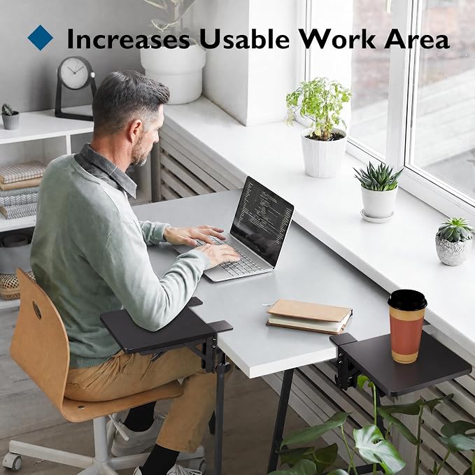 BONTEC Ergonomic Desk Extender Tray, 9.5"x9.1" Table Mount Arm Wrist Rest Shelf, 90° Foldable Elbow Support, Clamp on Computer Arm Rest for Desk, Office & Home Use, Durable & Easy to Install