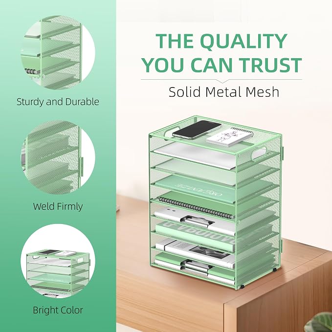 DALTACK 9-Tier Paper Organizer for Desk, Mesh Letter Tray Desk Organizer with Handles, Space-Saving File Organizer for Office Home School Classroom, Mint Green