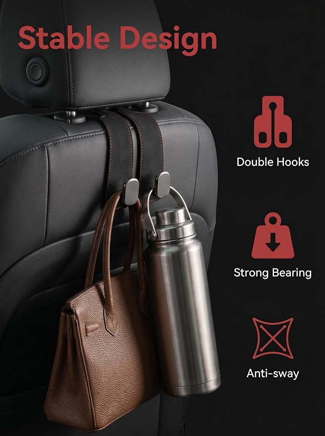 Car Purse Hooks, Universal Headrest Hooks for Bags, 4 Pack | Keeps bags off floors | Helps stop spills | Fits most headrests | For purses, groceries, backpacks