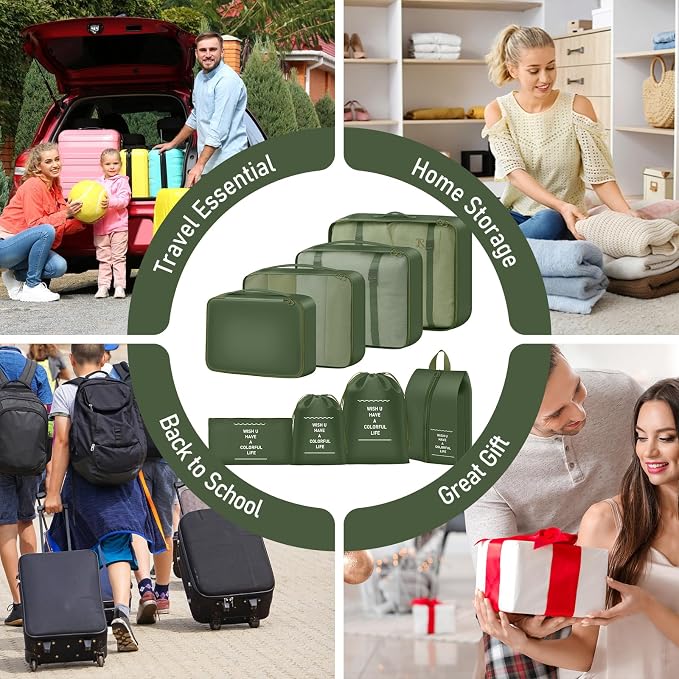 Packing Cubes for Travel- 8 Set Luggage Organizer Bags for Family, Mesh Breathable Travel Packing Cubes for Suitcases Durable Travel Essentials Bags Set (Deep Green, 8 Set)