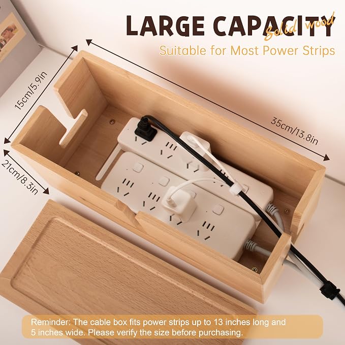 Natural Beechwood Large Cable Management Box for Power Strip & Cord Hider | Solid wood cable box fits 13" strips, flame-retardant, detachable legs, vents, child-safe, tool-free, hides 6-8 cords