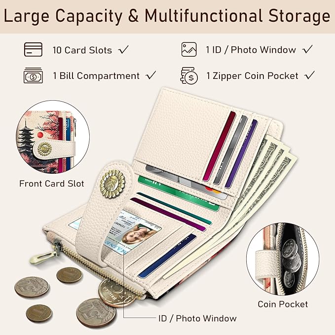 Kelvoris Japanese Sunset Goth Small Rfid Women Wallet Bifold Zipper Coin Pocket PU Leather Compact Cash Credit Card Holder Travel Wallet for Female Ladies Teen Girls 1 ID Window 10 Card Slots
