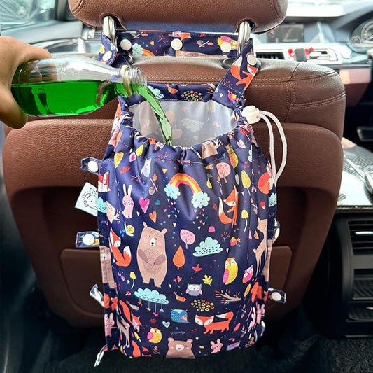 FLOCK THREE Leak-Proof Waterproof Car Trash Bag Foldable Multipurpose Trash bin Container Storage Cute Grocery Organizer Bag for Automotive Front or Back Seat in Cars SUVs and Trucks (Jungle Animals)