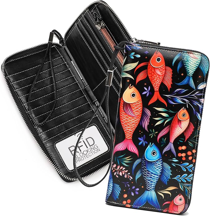 RFID Blocking Wristlet Large Wallet for Women Credit Card Holder Bifold Designer Zipper Phone Long Wallet Purse Aquarium