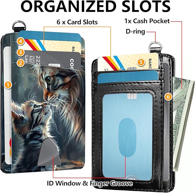 Slim RFID Blocking Card Holder Wallet with Wrist Strap - Minimalist Front Pocket Wallet, Two Cats Design, PU Leathe, for Men & Women, Ideal for Travel & Gifts