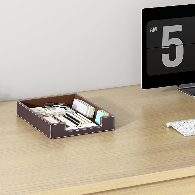 Leather Letter Tray, AUVAHOX Elegant Desk Organizer for Office Supplies, Mail, Paper, File, Magazine, Perfect Space Saver for Desk (Brown)