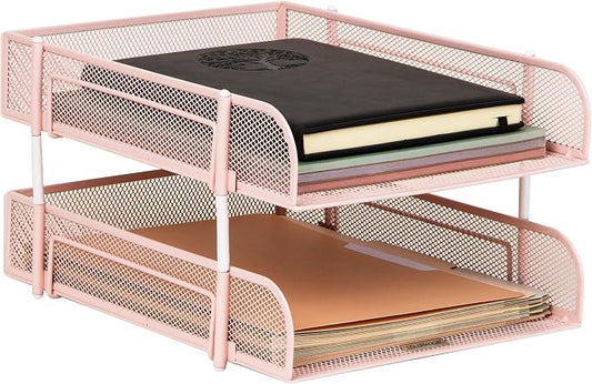 Mind Reader Stackable Paper Tray, Desktop Organizer, File Storage, Office, Metal Mesh, 2 Pcs, Pink