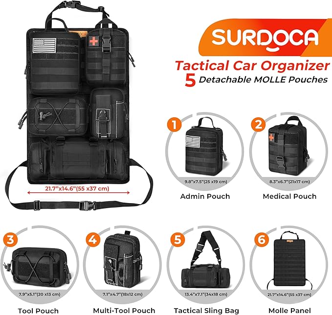 SURDOCA Tactical Backseat Car Organizer with 5 Detachable MOLLE Pouches, 1000D Oxford Hanging Storage Panel for Car Truck SUV, Modular EDC Gear Holder with Hook-and-Loop Patches