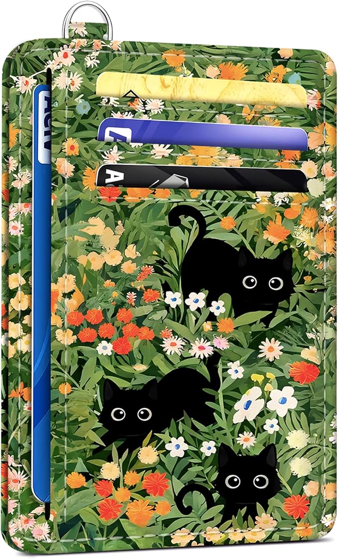 SEAVILIA Credit Card Holder for Women, Black Cat RFID Wallet Women, Slim Minimalist Front Pocket Card Holder, Cute Thin Travel RFID Blocking Card Case, Small Wallets Woman Gifts Girls