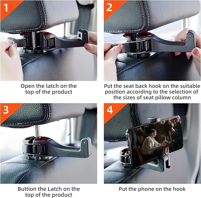 Amooca Car Seat Hooks for Purses and Bags with Phone Holder, Universal Car Headrest Storage Organizer Hanger Hook with Lock, 360° Rotation Headrest Hooks, 2 in 1 Car Headrest Hooks, 2 Pack, Blue