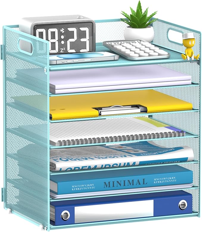 7 Tier Paper Organizer - Mesh Desktop File Holder with Handles for Office School Desk, Black (Blue)