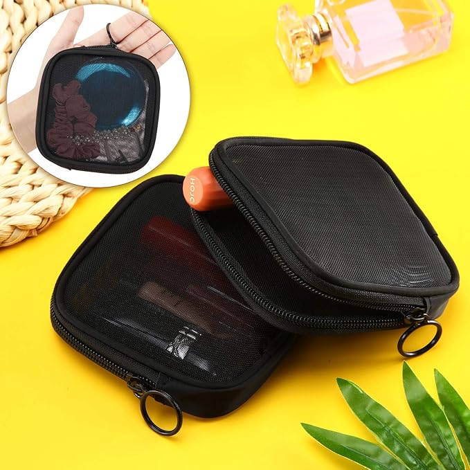 Weewooday 4 Pcs Mesh Makeup Bag Mesh Cosmetic Bag Travel Toiletry Pouch with Zipper Mini Makeup Cosmetic Purse for Daily Accessory(Small,Black)