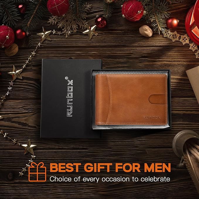 RUNBOX Slim Wallet for Men Genuine Leather RFID Blocking Bifold Minimalist Front Pocket Mens Wallet with Money Clip Thin Gift Box