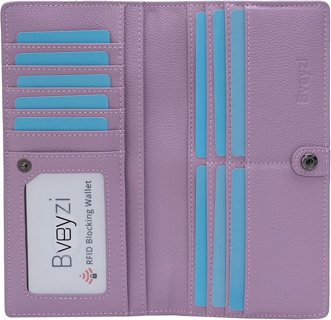 Bveyzi Ultra Slim Thin Leather RFID Blocking Credit Card Holder Bifold Clutch Wallets for Women