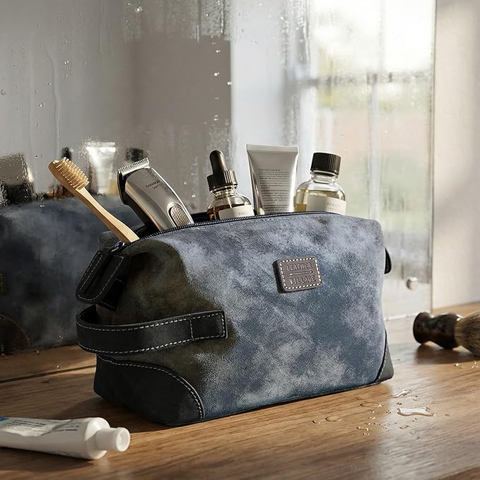 LEATHER VILLAGE Genuine Leather Dopp Kit for Men & Women – Travel Vintage Toiletry Bag with Waterproof Lining, Shaving & Bathroom Essentials Organizer - Distressed Blue