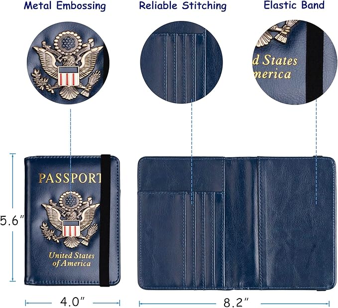 TOURSUIT RFID Blocking Passport Holder for Women Men, Leather Passport Travel Wallet with 3D Metal Badge, Travel Document Holder Cover Accessories (Dark Blue)