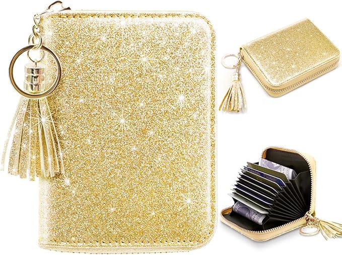 Coco Rossi Women's Small Credit Card Wallet RFID Cute Glitter Card Holder for Women, Gold