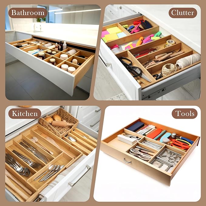 18 Pack Bamboo Drawer Dividers Inserts 3 Sizes Adjustable for Drawer Organizers Kitchen Utensils Storage Home Office Bathroom Dresser Cosmetic, 7.1 x 2.3 in, 4.7 x 2.3 in, 3.15 x 2.3 in