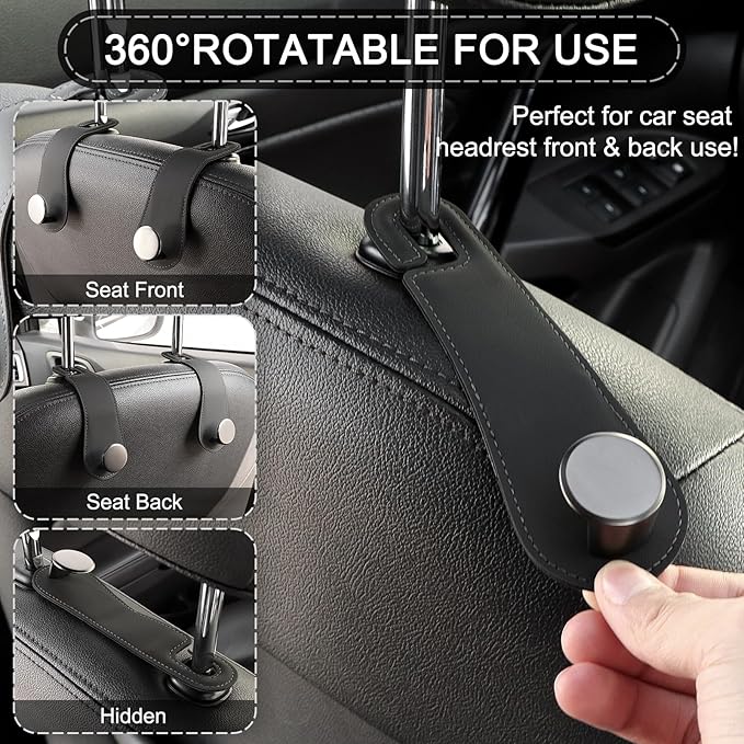 JESTOP Leather Car Seat Storage Hanger, 2 Pack, Stylish Seat Organizer Hooks for Purses, Bags, Coats, Umbrellas, Black
