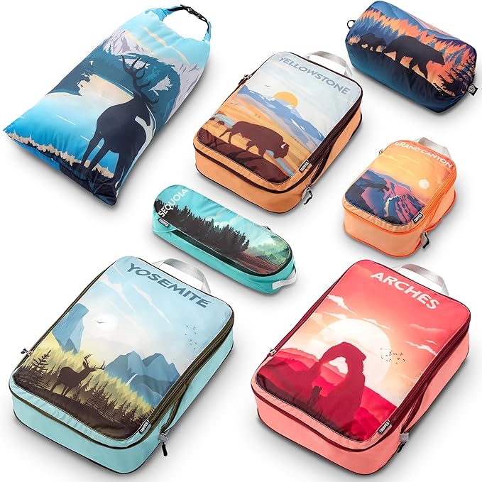 Large Compression Packing Cubes for Travel-Packing Cube Luggage Organizers 7 Piece Set for Checked Luggage-Ultralight, Expandable/Compression Bags by TRIPPED Travel Gear (National Parks)