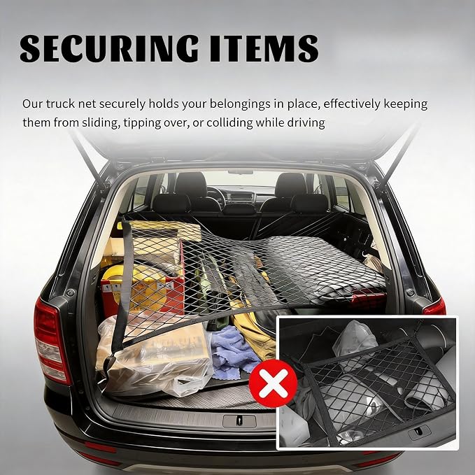 Cargo Net for SUV Trunk Organizer, Stretchable Truck Bed Storage Net with 4 Hooks, 32"x24" Expandable to 63"x47", Heavy Duty Elastic Mesh for Car Storage