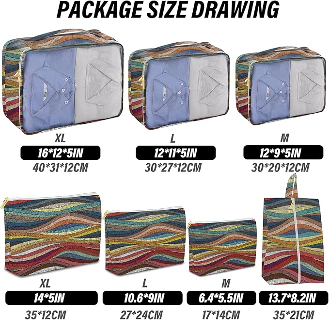 7 Set Packing Cubes Travel Luggage Organizers for Suitcase Travel Accessories with Shoe Bag for Girls Women Aesthetic Cute Boho Bohemian-Colorful