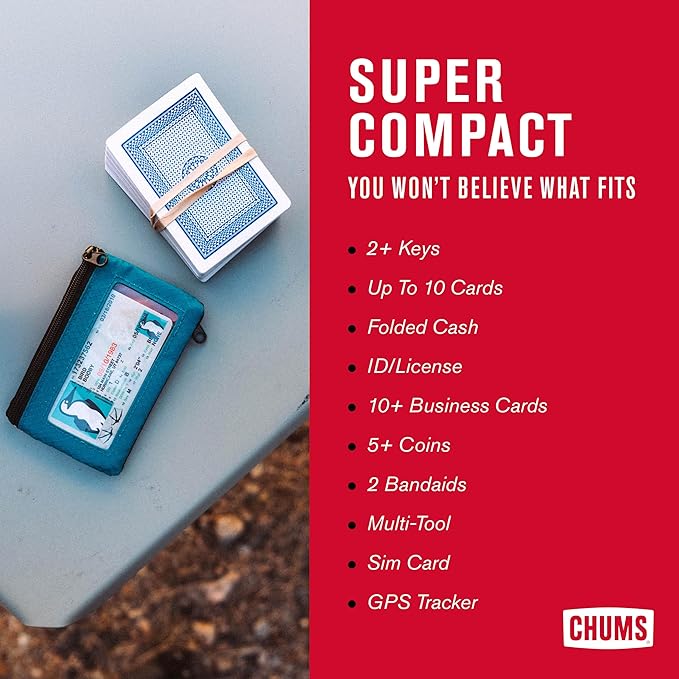 Chums Surfshorts Wallet - Lightweight Slim Wallet with RFID Blocking Card & Clear ID Window - Zippered, Water Resistant w/Key Ring