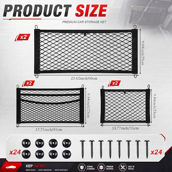 6 Pcs Car Storage Net Bag Pockets Stretchable Mesh Net Multi-Size Elastic Cargo Nets (2 Large, 2 Medium 3-Layer, 2 Small 2-Layer) Mesh Organizer Nets for Auto Seat Back Trunk SUV Rv Home
