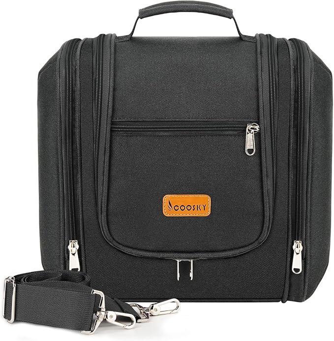 COOSKY Hanging Travel Toiletry Bag for Women and Men, 6 Organizer Compartments, Large Toiletries essentials, Bathroom Cosmetic Accessories, Water-resistant Makeup Bag, Holds Full-Size Shampoo, Black
