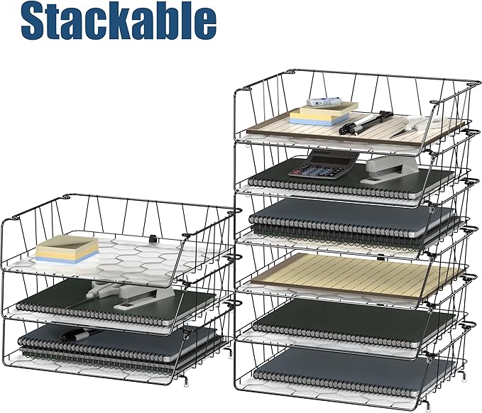 Simple Houseware Stackable Wide Entry Desk File Document Letter Tray with Liner, Wire Grid, 3 Packs, Black