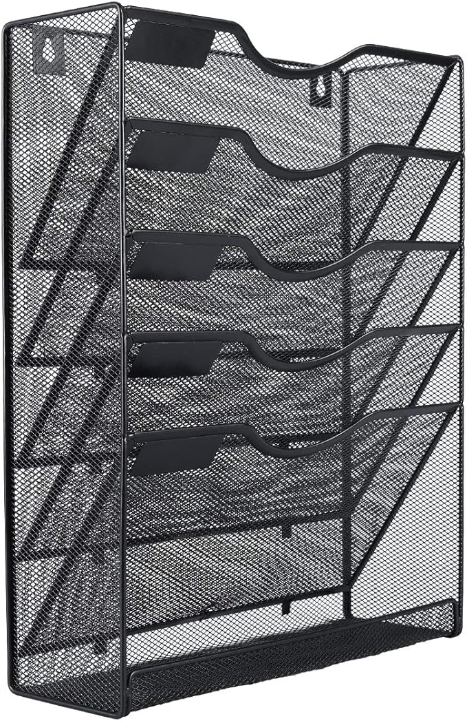 EasyPAG 5 Tier Wall File Holder Mesh Hanging Folder Organizer with Classify Label, Versatile Desk File Holder, Vertical Wall Mounted Mail Organizer for Office Home Cubicle, Black, Closed Sides