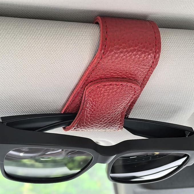 2 Packs Sunglasses Holders for Car Visor, Magnetic Leather Glasses Eyeglass Hanger Clip for Car, Ticket Card Clip Sunglasses Mount, Sunglass Organizer for Auto Accessories (Red)