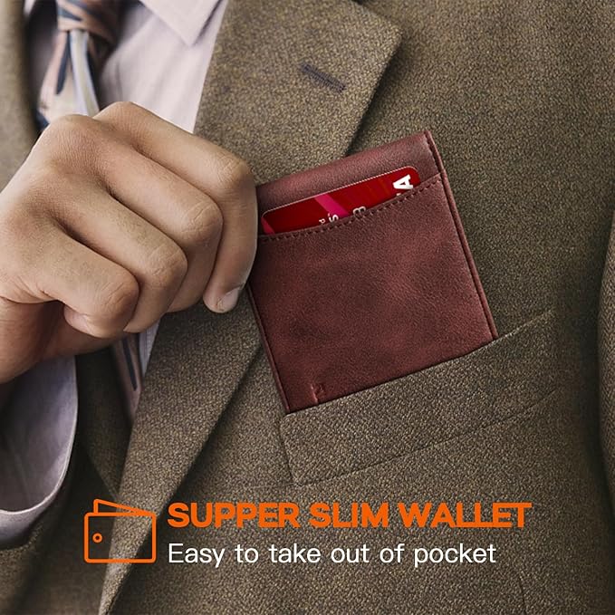 RUNBOX Slim Wallet for Men Genuine Leather RFID Blocking Bifold Minimalist Front Pocket Mens Wallet with Money Clip Thin Gift Box