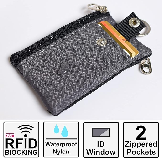 CHENSPRX Minimalist RFID Blocking Small Wallet with ID Window,WaterResistant Zip Id Case Wallet with Lanyard Keychain for Cards,Cash,Travel,Women,Men