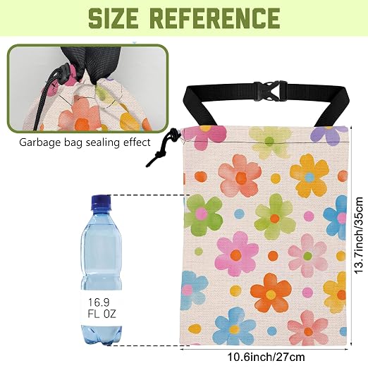 Car Trash Bag Retro Watercolor Flower Leak-Proof Waterproof Car Garbage Bag with Drawstring Foldable Canvas Trash Bin with Adjustable Buckle for Car Accessories, Travelling, Camping