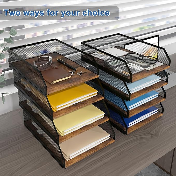 Natwind 4-Tier Stackable Metal Mesh Paper Organizer with Sliding Tray,Retro | Wooden Desk Organizer, Letter Tray For Desktop,File Holder For Home Office School Classroom Organization