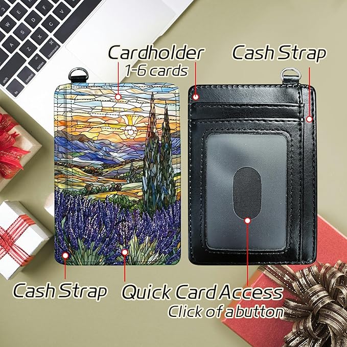 Small Travel Wallets, Stained Glass Lavender Slim Minimalist Front Pocket Wallet with Wristlet, RFID Blocking PU Leather Credit Card Holder with ID Window Change Purse for Men Women