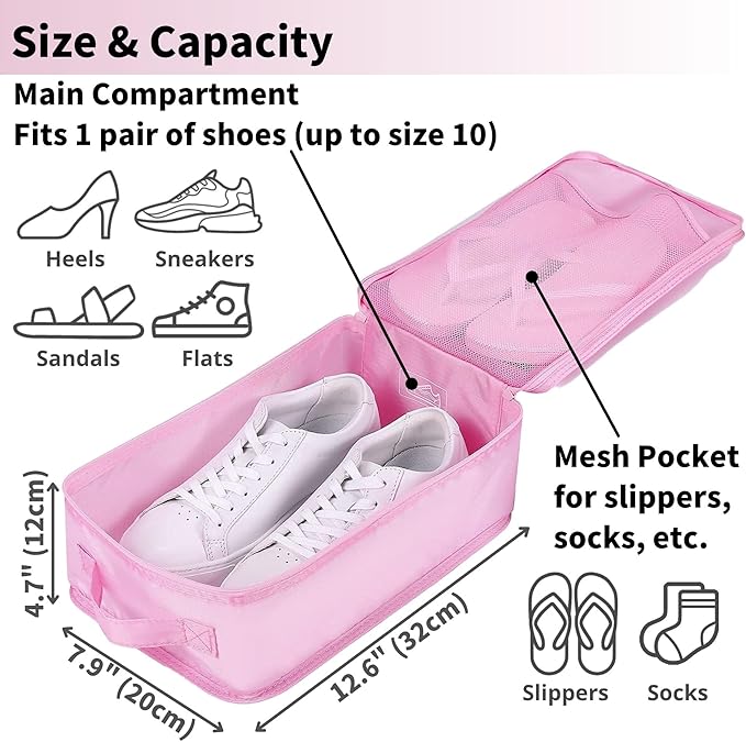 tianzong Travel Shoe Bag with Handle Holds 2 Pairs of Shoes, Shoe Packing Cubes for Travel (Pink, 2 Pack)