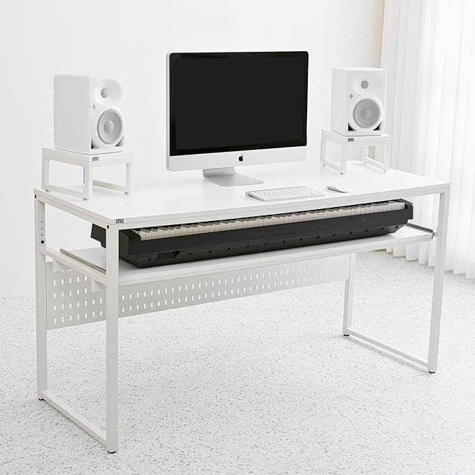 Music Studio Desk with Keyboard Tray, for Full 88 Keys and 61 Keys (Music Producer Desk) (White, 88 Keys (Without Height Adjustment Bracket)
