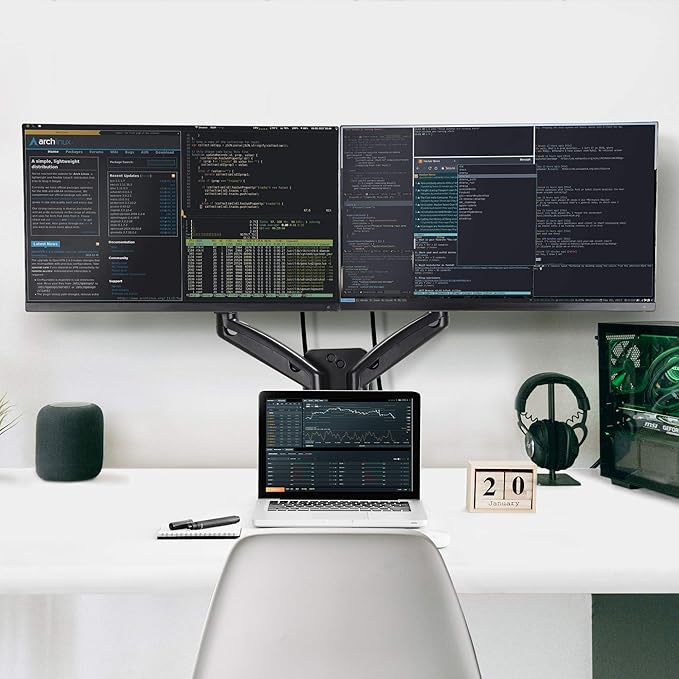 AVLT Dual 17"-32" Monitor Wall Mount fits Two 19.8 lbs Flat/Curved Computer Screen Full Motion Height Swivel Tilt Rotation Adjustable Arm - VESA/Cable Management