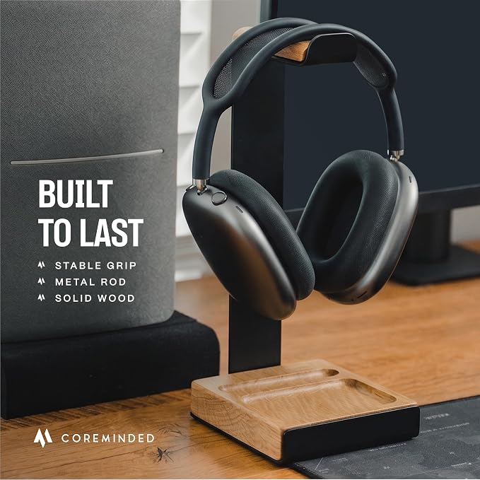 COREMINDED Universal Headphone Stand for Desk, Solid Wood Gaming Headset Stand, Heavy Duty Wooden Headphones Holder, Compatible with Airpods Max and More