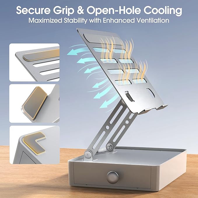 Laptop Stand with Storage Drawer, Adjustable Ergonomic Laptop Riser for Desk, Heavy-Duty Metal Stand for 10??6??Laptops, Space-Saving Desk Organizer for Remote Work & Home Office, Silver