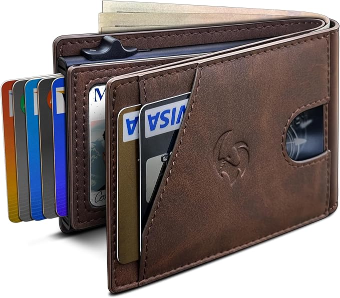 Wallet for Men, Slim Pop Up Card Holder with RFID Blocking, Minimalist Bifold Wallet with 9 Card Slots, ID Window and Cash Pocket, Metal Flip Case with Magnetic Closure, Gift Box