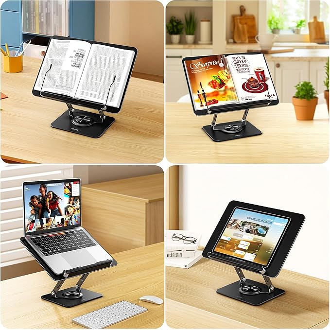 BESIGN BS02 Book Stand for Reading, Adjustable Book Holder, Ergonomic Laptop Stand, Cookbook Stand, Recipe Book Holder with Elastic Page Clips for Music Scores, Recipe, Tablet