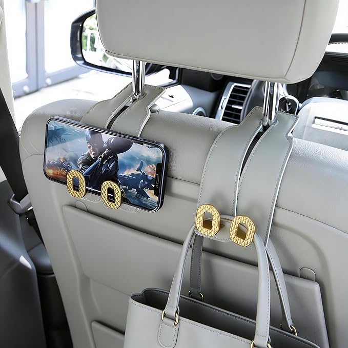 Car Headrest Hooks Universal Car Purse Hook Premium Leather and Alloy Twin Hook Car Seat Back Storage Hanger Hook for Purse Bags Cloth Drink Durable Holder Car Accessories (BH09-Grey-Gold)
