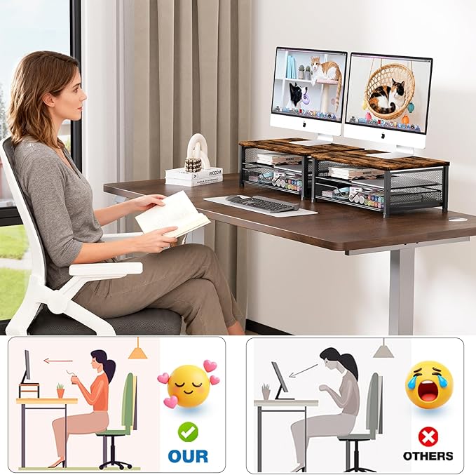 OPNICE Computer Monitor Stand Riser, Desk Organizer with Drawer, Printer & Laptop Stand, Office Desk Accessories & Workspace Desktop Organizers Storage for Office Supplies(Brown)